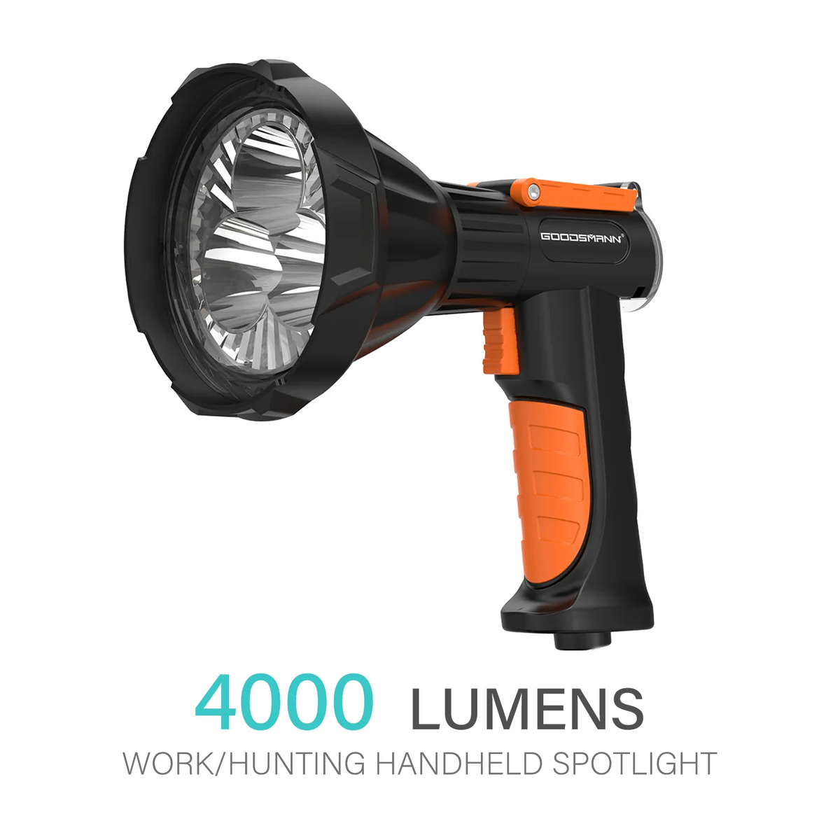 FORTO Rechargeable Spotlight – 3000LM, 45000 Candela, IP68 Waterproof, 5000mAh Battery, 420m Beam – Orange