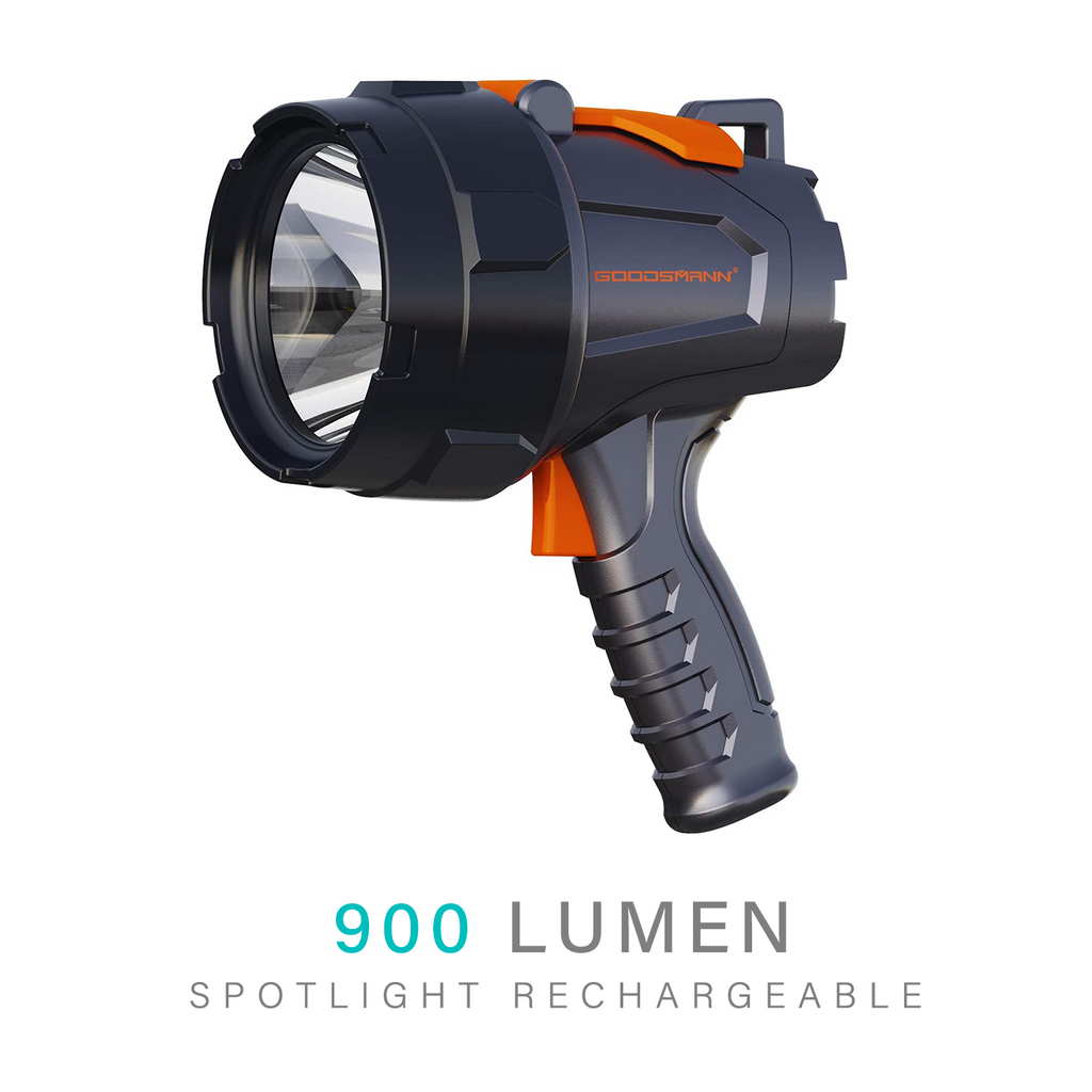 GOODSMANN Spotlight Rechargeable 900 Lumen Handheld LED Spot Light Fla –  GoodsmannGroup