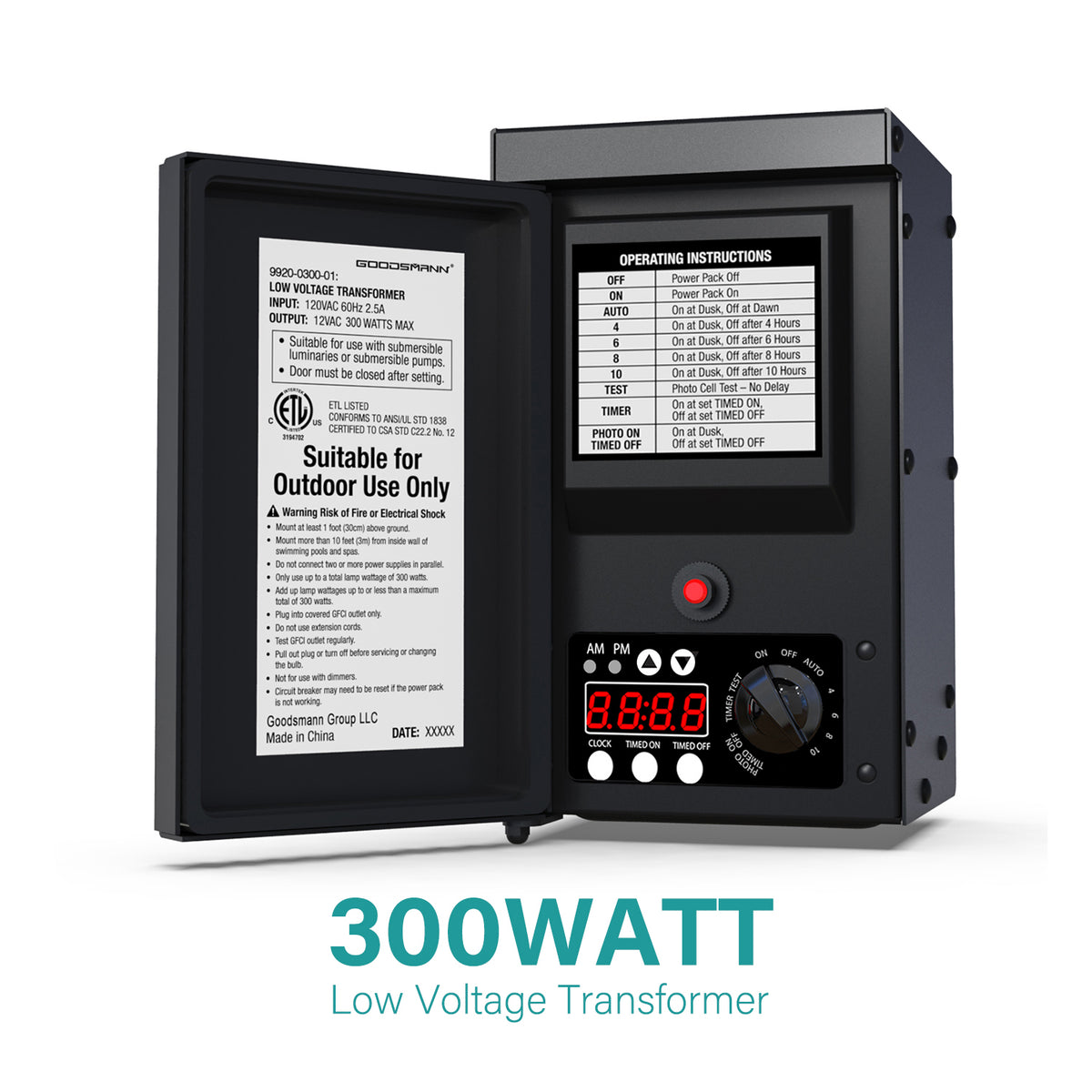 GOODSMANN Low Voltage Transformer 300 Watt with Timer, Photo Eye 