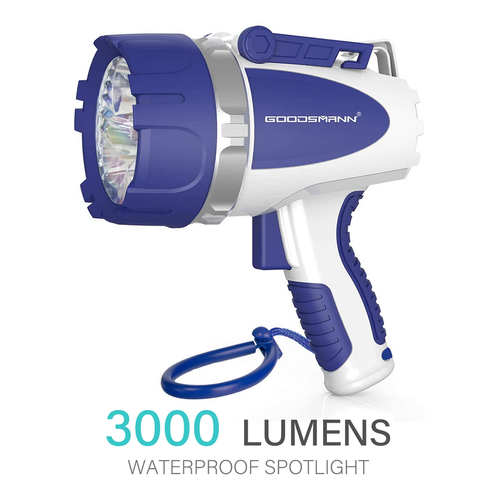 GOODSMANN Rechargeable Spotlight Waterproof LED Flashlight 3000 Lumen Submersible Searchlight with USB Adapter Car Charger 9924-H101-01